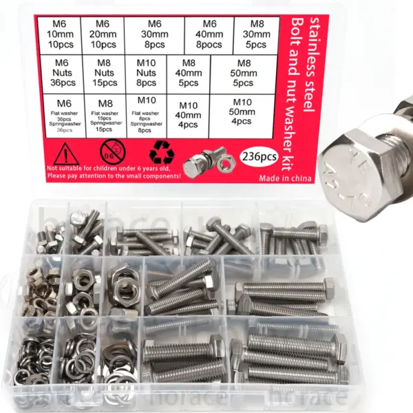 236pcs Stainless Steel Hex Bolts, Nuts and Washers Set | M6/M8/M10 | Includes Spring Washer | Suitable for DIY and Machining
