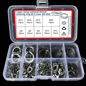 170-piece set of 9 sizes of C-clamp external retaining ring kit, 304 stainless steel coil shaft sorting kit, M5-M20 set.