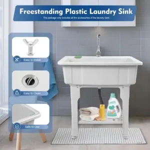 Freestanding Laundry Sink W/ Washboard& 360° Faucet, 154lbs Capacity Heavy-Duty Plastic Utility Sink for Indoor & Outdoor