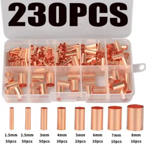 230Pcs 1.5-8mm Copper Connecting Pipe Wire Joint Small Copper Tube Terminal Cable Lug Bootlace Ferrule Kit