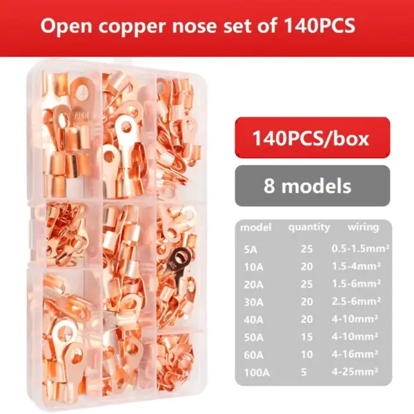 140PCS Open Crimp Ring Connector OT Cable Electrical Wire Terminal Copper Lugs Terminal Connectors Kit