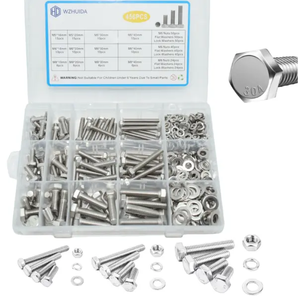WZHUIDA 456PCS M5 M6 M8 Screw Set, Nut and Bolt Set Flat & Spring Washers, Hex Head Cap Screws Bolts and Nuts Kit, Fully Thread