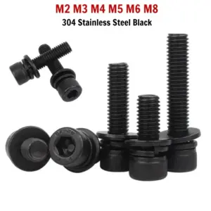 M2 M2.5 M3 M4 M5 M6M8 304 A2 Stainless Steel Black Hexagon Hex Socket Head Cap Screw Allen Bolt with Washer Spring Gasket DIN912