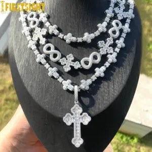 Iced Out Infinity Cross Necklace for Men Women Silver Color Prong Setting Cubic Zirconia Charm Star Link Chain Hip Hop Jewelry