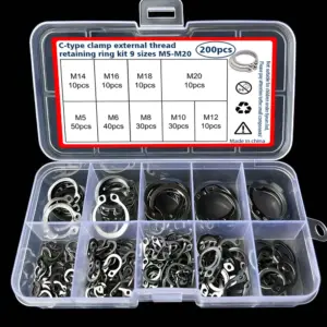 200-piece set of 9 sizes of C-clamp external retaining ring kit, 304 stainless steel coil shaft sorting kit, M5-M20 set.