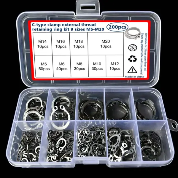 200-piece set of 9 sizes of C-clamp external retaining ring kit, 304 stainless steel coil shaft sorting kit, M5-M20 set.