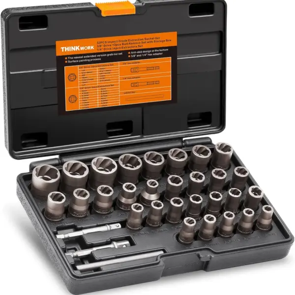 Bolt Extractor Kit, 32-Piece Nut Extractor Socket Set 1/4 & 3/8 Drive for Damaged, Rusted, Stripped Fasteners
