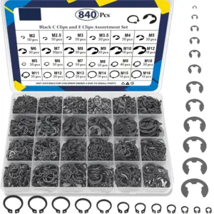 840-Piece C-Clamp Accessory Set (M5-M16) and E-Clamp Accessory Set (2.0Mm-12Mm), External Fixing Rings, 24-Size Snap Ring Combination Kit, Black Carbon Steel Ring Clamps.