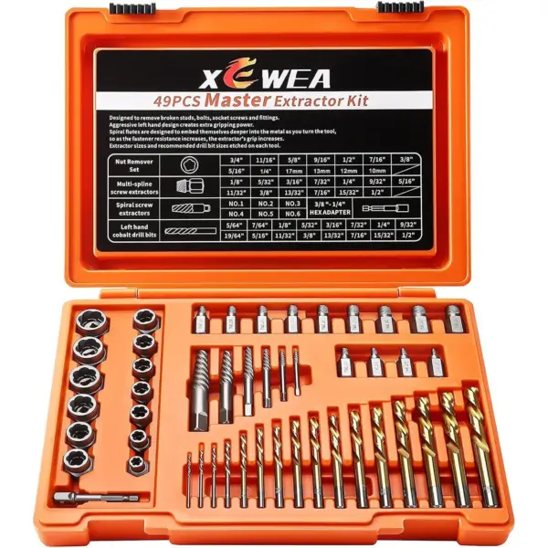 49PCS Screw & Bolt Extractor Set with Left Hand Drill Bits, Multi-Spline Easy Out for Damaged Stripped Bolts, Nuts