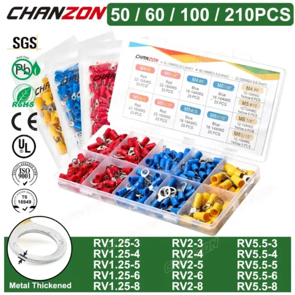 Rv1.25 Rv2 Rv5 Insulated Electrical Ring Crimp Wire Connectors Terminals Cable Kit Wiring Crimping Tool Red Blue Yellow 22-10Awg
