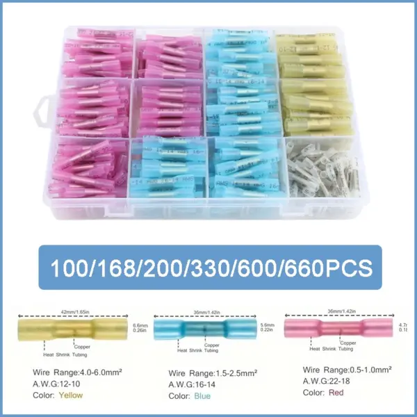 100-660Pcs Assorted Crimp Terminals Electrical Heat Shrink Waterproof Insulated Wire Connectors AWG 22-10 Kit With Plastic Box