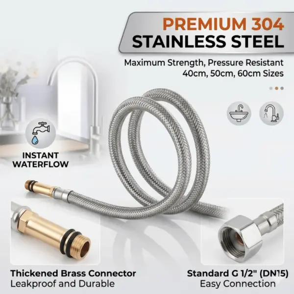 304 Stainless Steel Braided Faucet Inlet Hose G1/2" Flexible Water Supply Pipe Extension for Kitchen Bathroom Sink 40/50/60cm