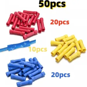 50 Pcs Electrical Butt Connectors Kit Butt Splice Crimp Wire Connectors Assorted Insulated Electrical Straight Wire Terminal
