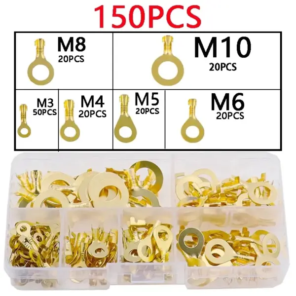 150pcs Insulated Brass Ring Crimp Terminals Wire Connectors Spade Electrical Kit M3 M4 M5 M6 M8 M10 Cable Lugs Set