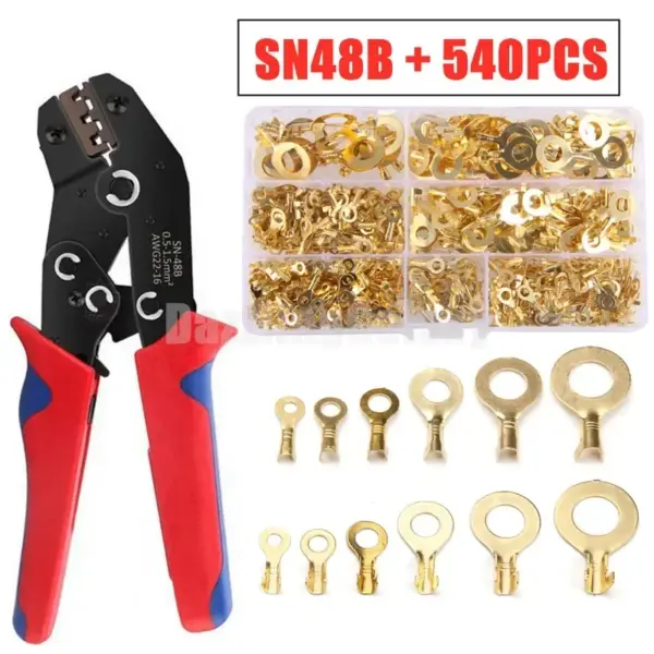 540PCS M3/M4/M5/M6/M8/M10 Ring Lugs Ring Eyes Copper Crimp Terminals Cable Lug Wire Connector SN48B Crimp Plier Tools Kit