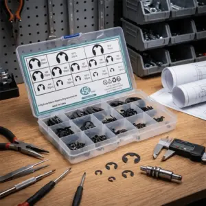 Black Color E-Type Circlip Assortment Set M1.5-M15 Size Range Solid Texture Open Snap Ring Retaining Ring Kit