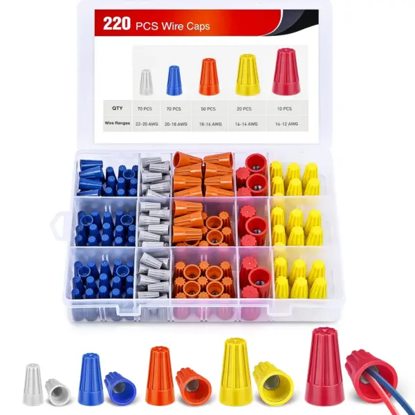 220PCS Wire Screw Caps Kit 5 Sizes Electrical Wire Caps Assortment Spring Thread Insulated Wire Screw Terminals Twist on Wire