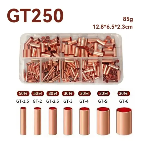 250Pcs Wire Ferrules Kit 7 Size Copper Crimp Connector Non Insulated Electrical Butt Terminal Assortment Kit