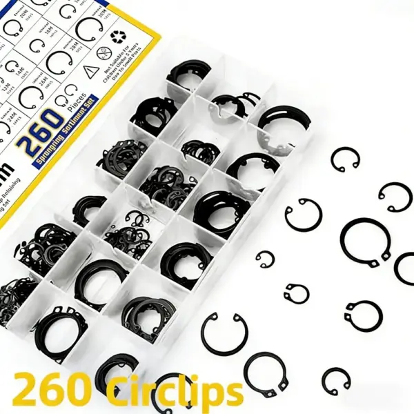 260Pcs Black C-Clip E-Clip Retaining Ring Set 12 Sizes 4mm-30mm Shaft & Hole Retainer with 4-in-1 Snap Ring Pliers for Repair
