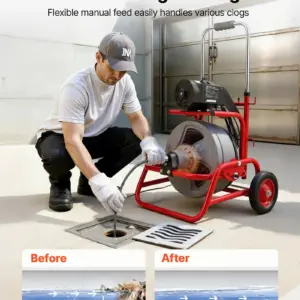 Drain Cleaner Machine 75 FT x 1/2 Inch, Sewer Snake Auger on Wheels, Manual Feed Drain Cleaning Machine with Adjustable Drum