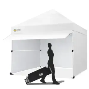 Commercial pop-up canopy tent, 10x10 ft, polyester fabric, black, instant 1-person setup with patented centerlock, extendable a