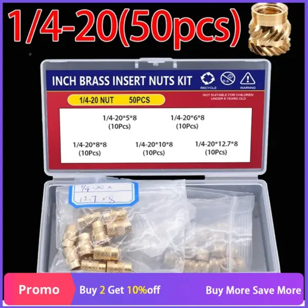 1/4 2-56 4-40 6-32 8-32 10-32 Inch Size Heat Set Threaded Insert Nut Knurled Hot Melt Embedded Brass Copper Nut for 3D Printing