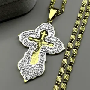 Orthodox Jesus Cross Pendant Necklace for Women Men Silver Color Stainless Steel Full Rhinestones Crucifix Amulet Chain Jewelry