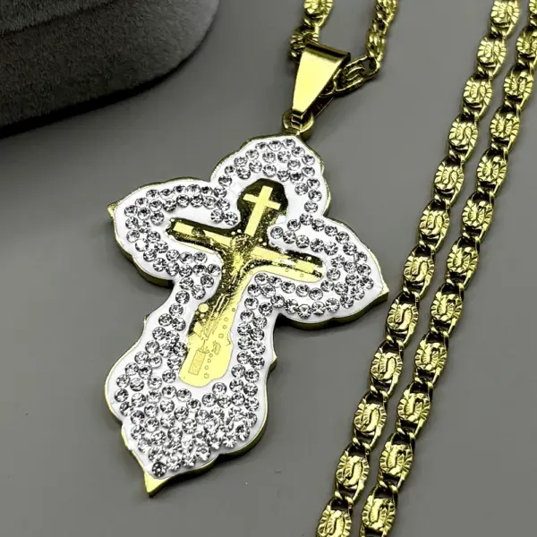 Orthodox Jesus Cross Pendant Necklace for Women Men Silver Color Stainless Steel Full Rhinestones Crucifix Amulet Chain Jewelry