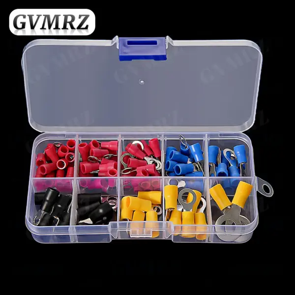 102PCS RV1.25 RV2 RV3.5 RV5.5 Insulated Electrical Wire Cable Connectors Ring Lugs Crimping Terminals Kit Red Yellow Black Blue