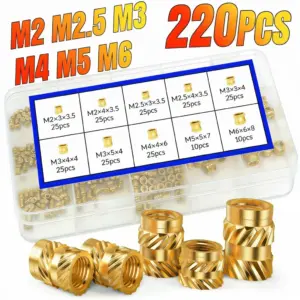 Brass Heat Set Inserts Nuts Kit 220Pcs, M2-M6 Knurled Threaded Inserts Nuts for 3D Printing, Furniture, Auto and DIY Fasteners