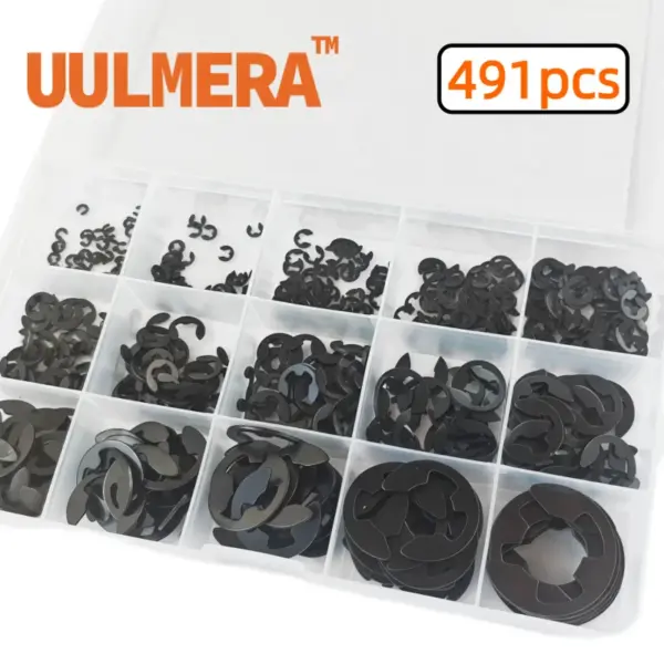 491Pcs M3-M20 15 Sizes Black Alloy Steel E Clip Set External Retaining Rings Metric Circlip for Shaft Bearing Hardware Fasteners