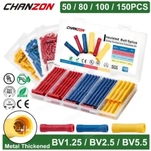 50-150PCS Insulated Wire Joint Butt Connector Kit Pvc Cord Electrical Cable Wirefy Splice Crimp Terminal Tool Bv1.25 Bv2.5 Bv5.5