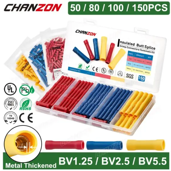50-150PCS Insulated Wire Joint Butt Connector Kit Pvc Cord Electrical Cable Wirefy Splice Crimp Terminal Tool Bv1.25 Bv2.5 Bv5.5
