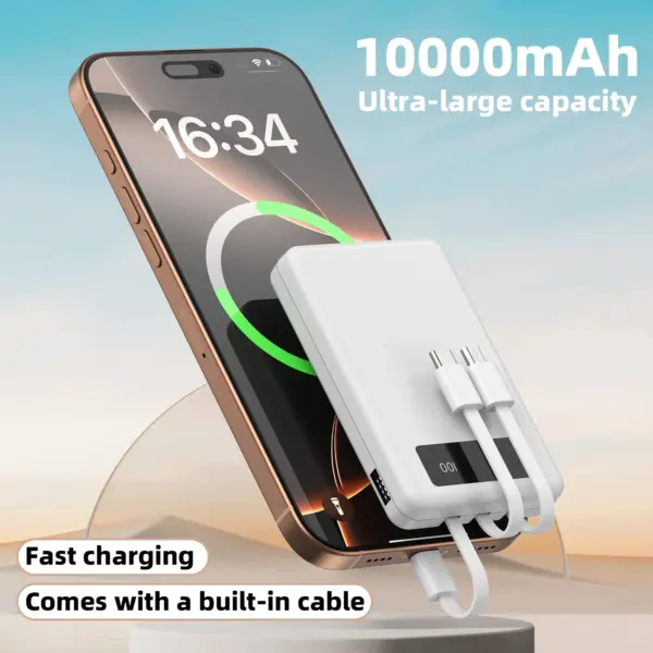 Mini Slim 10000mAh Portable Power Bank, Built-in LED Digital Display, 1 USB-A Port & 3 Integrated Cables, Small Lightweight Design, Multi-Device Simultaneous Charging for Travel, Camping and Emergency, Compatible with Android Phones and Tablets