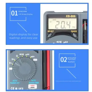Portable XB866 Digital Multimeter with AutoRange LCD Display and 7 Functions for Precise Voltage and Resistance Testing