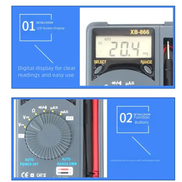 Portable XB866 Digital Multimeter with AutoRange LCD Display and 7 Functions for Precise Voltage and Resistance Testing