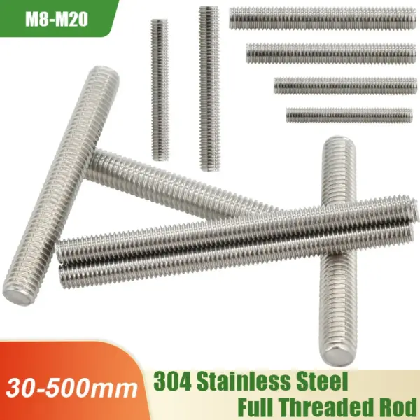 304 Stainless Steel Full Thread Rod Fully Metric Threaded Bar Bolt Screw M8 M10 M12 M14 M16 M18 M20 Fasteners Stud Rods 30-500mm
