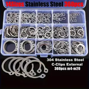 A 360-piece set of C-clamp outer retaining ring kits in 14 sizes, and 304 stainless steel coil shaft sorting kits M4-M20.