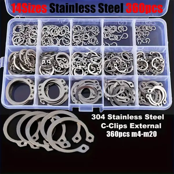 A 360-piece set of C-clamp outer retaining ring kits in 14 sizes, and 304 stainless steel coil shaft sorting kits M4-M20.