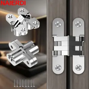 NAIERDI 2 Pack Hidden Door Hinges Stainless Steel Invisible Cabinets Hinges Heavy Duty 180 Degree Concealed Cross Hinges