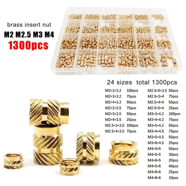 M1.4 M1.6 M2 M2.5 M3 M4 M5M6 Brass Copper Embedment Insert Nut Kit Set for Hot Heat Melt Injection 3D Print Twill Knurled Thread