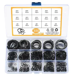 300pcs Carbon Steel Black Shaft Spring Steel 65Mn A/C Type Retaining Ring Set M4-M28 Elastic Shaft Retaining Ring Washers Box