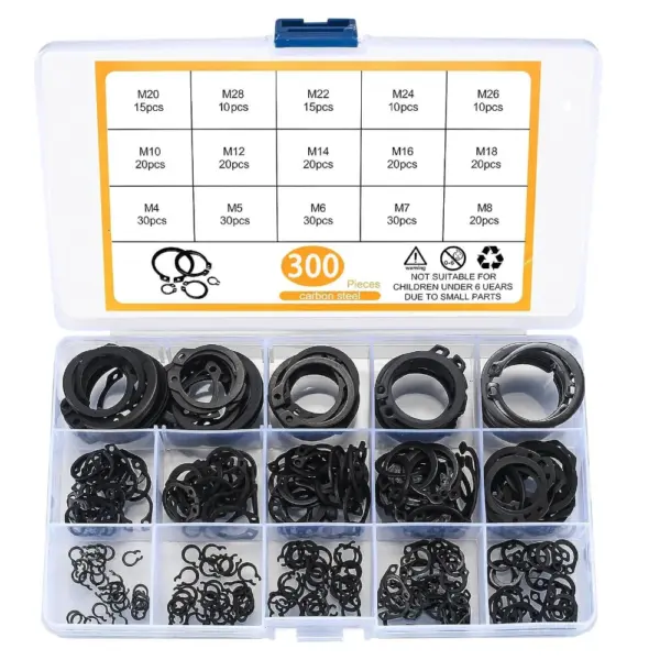 300pcs Carbon Steel Black Shaft Spring Steel 65Mn A/C Type Retaining Ring Set M4-M28 Elastic Shaft Retaining Ring Washers Box