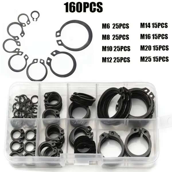 160pcs C Clip External Circlip Snap Retaining Rings Set Carbon Steel M6-M25mm Circlip Washer Set for Shaft
