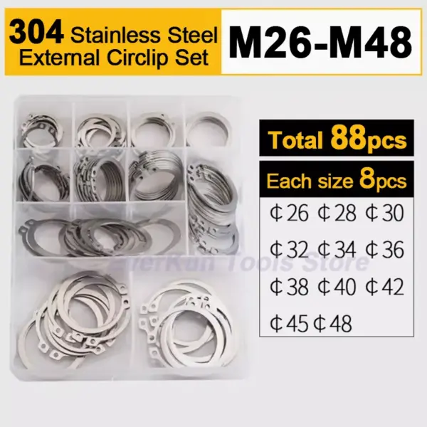 88pcs M26-M48 C Clip External Circlip Snap Retaining Rings Set 304 A2-70 Stainless Steel Circlip Assortment Kit for Shaft DIN471