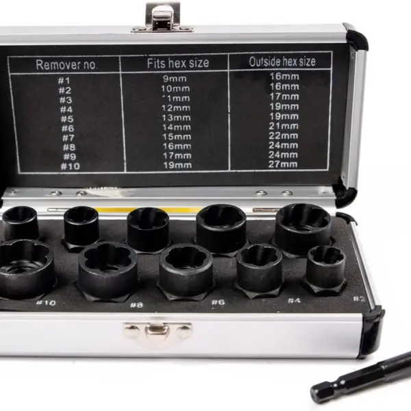 10-Piece Bolt Extractor Set for Damaged Nuts and Broken Screws with Storage Case 9-19mm