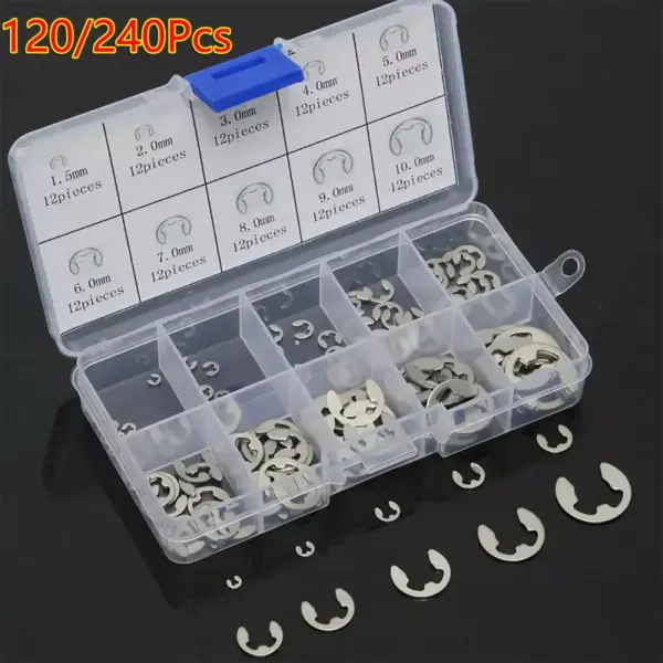 120/240Pc 304 Stainless Steel E-Clip Retaining Snap Opening Ring Circlip Kit 10 Size M1.5/2 /3/4/5/6/7/8/9/10mm with Plastic Box