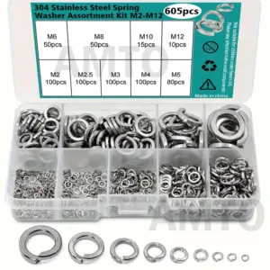 605-piece set of 304 stainless steel spring washers - M2, M2.5, M3, M4, M5, M6, M8, M10, M2