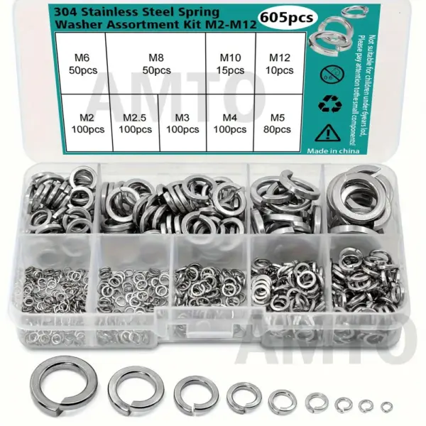 605-piece set of 304 stainless steel spring washers - M2, M2.5, M3, M4, M5, M6, M8, M10, M2