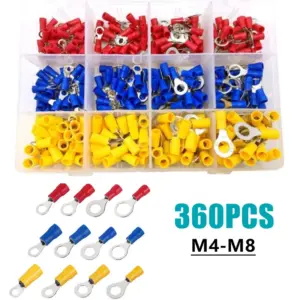 360PCS Insulated Ring Terminals M4/M5/M6/M8 Cold-pressed Electrical Wire Cable Crimp Connectors 22-10 AWG Kit